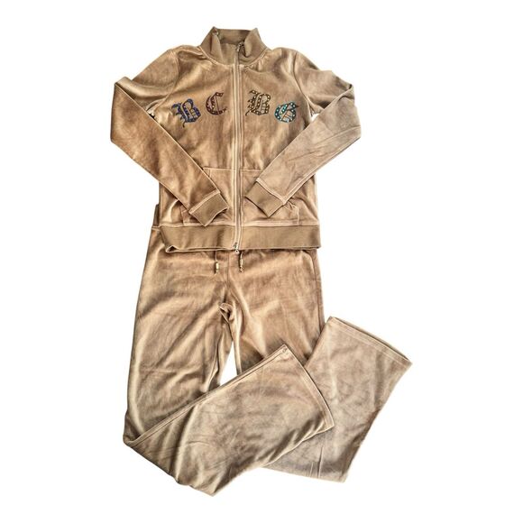 Y2K BCBG Velour Track Suit Tan Studded Cross Set Small - Picture 1 of 16